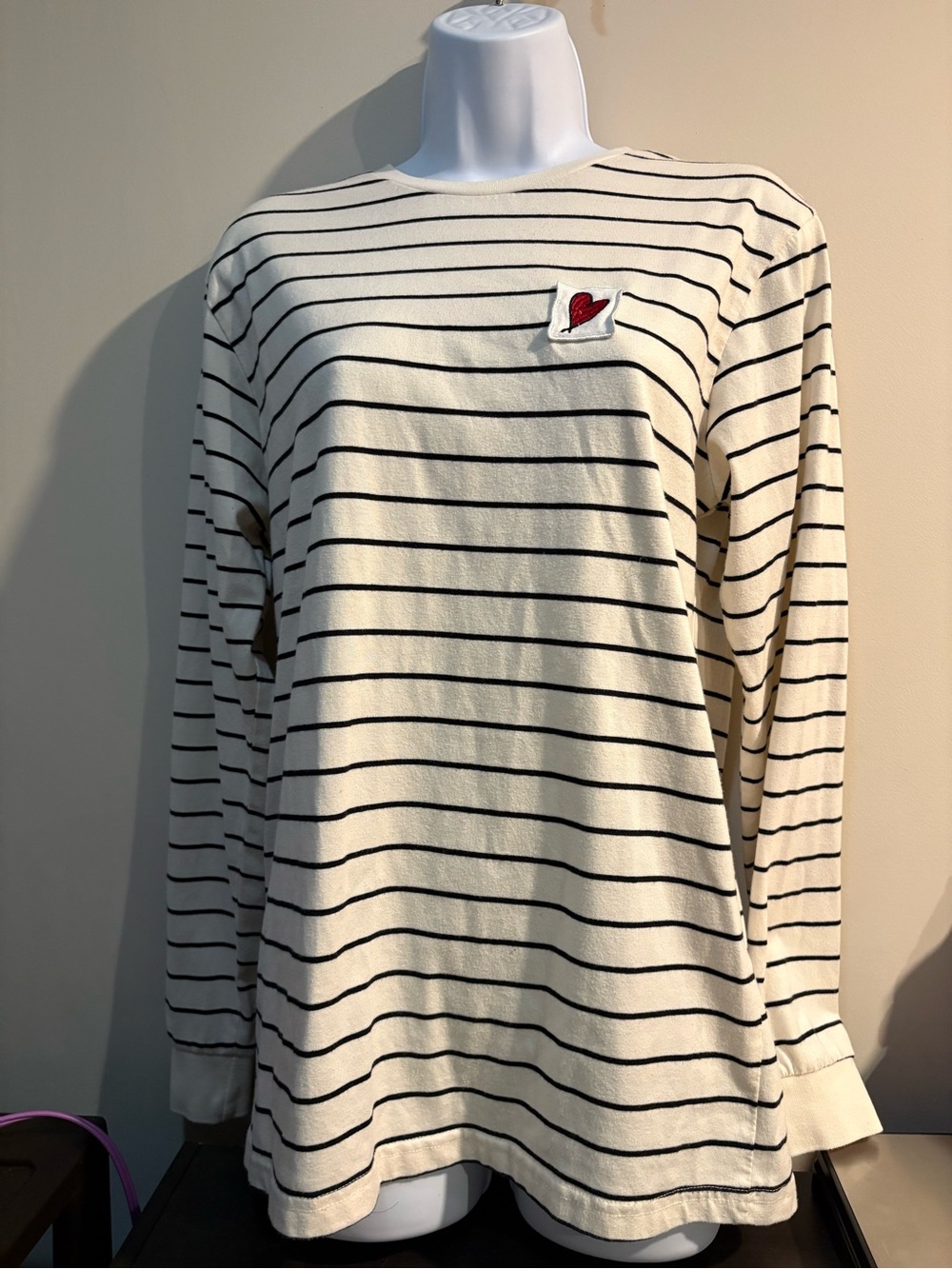 Cream & Black Striped Long-Sleeve Tee with Red Heart Detail